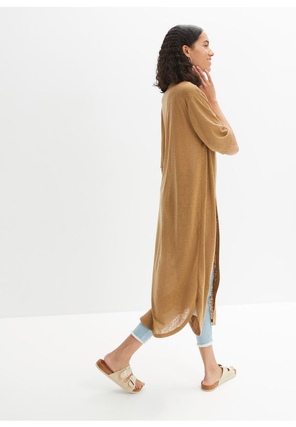 bonprix - Długi kardigan w optyce lnu. Kolor: beżowy. Materiał: len. Długość: długie