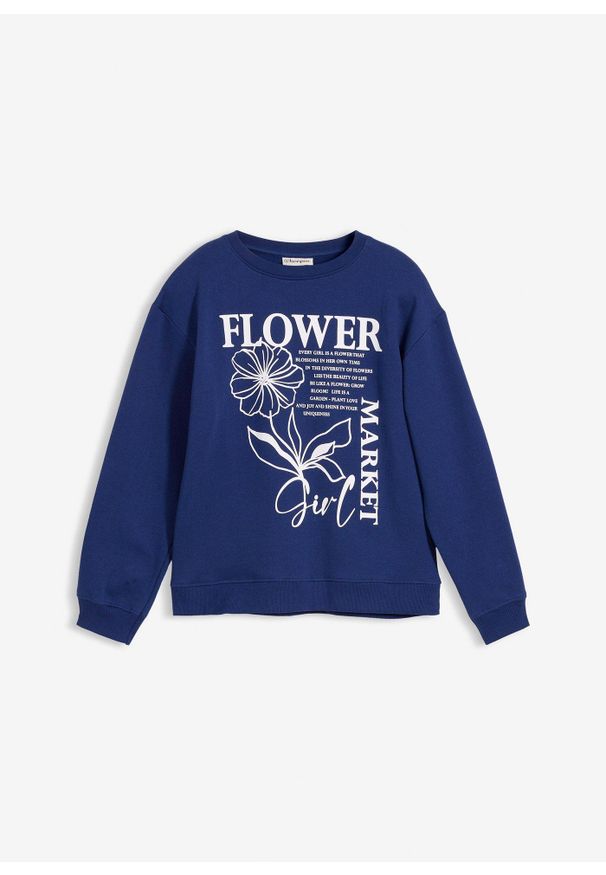 bonprix - Bluza z czystej bawełny organicznej. Kolor: niebieski. Materiał: bawełna. Wzór: nadruk