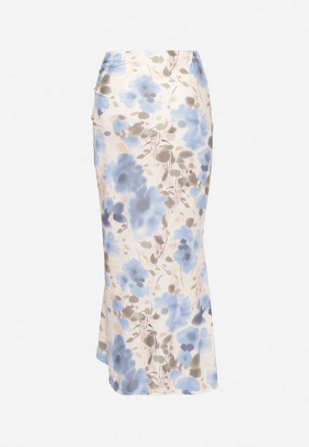 Born2be - Jasnoniebieska Spódnica w Kwiaty z Marszczeniem i Rozcięciem na Nogę Atessira. Okazja: na co dzień, na spacer. Kolor: niebieski. Wzór: kwiaty. Sezon: wiosna. Styl: klasyczny, casual