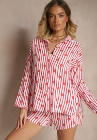 Renee - Czerwony Muślinowy Komplet z Bawełny Koszula i Szorty we Wzór w Paski i Kwiaty Sellimi. Kolor: czerwony. Materiał: bawełna. Wzór: paski, kwiaty #3
