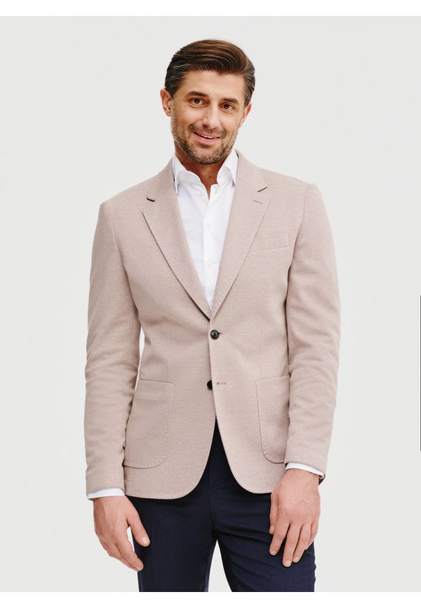 Pako Lorente - Beżowa marynarka melanż. Okazja: na co dzień. Kolor: beżowy. Materiał: dzianina, poliester, bawełna. Wzór: melanż. Sezon: wiosna. Styl: casual