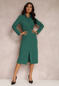 Renee - Ciemnozielona Sukienka Koszulowa z Marszczeniem Zegera. Kolor: zielony. Materiał: tkanina. Wzór: aplikacja, gładki, jednolity. Typ sukienki: koszulowe. Styl: elegancki. Długość: midi #4