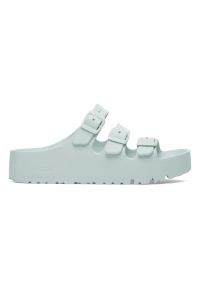 Birkenstock Florida III Flex Platform EVA Surf Green Klapki damskie. Okazja: na plażę. Kolor: zielony. Materiał: materiał. Wzór: paski. Sezon: lato. Obcas: na platformie. Styl: wakacyjny
