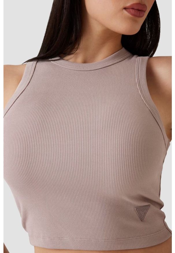 Guess - GUESS Różowy damski tank top prążkowany Edie, Rozmiar L. Okazja: na co dzień. Kolor: różowy. Materiał: prążkowany. Styl: casual