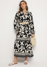 Born2be - Czarna Koszulowa Sukienka z Wiskozy z Motywem Liści Liorenna. Okazja: na co dzień. Kolor: czarny. Materiał: wiskoza. Wzór: kolorowy. Sezon: wiosna, lato. Typ sukienki: koszulowe. Styl: casual, klasyczny #6