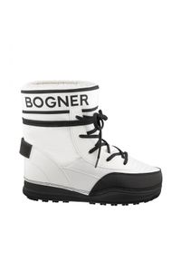 Bogner - BOGNER - Białe śniegowce z logo. Kolor: biały. Materiał: futro, materiał. Szerokość cholewki: normalna. Szerokość buta: średnie