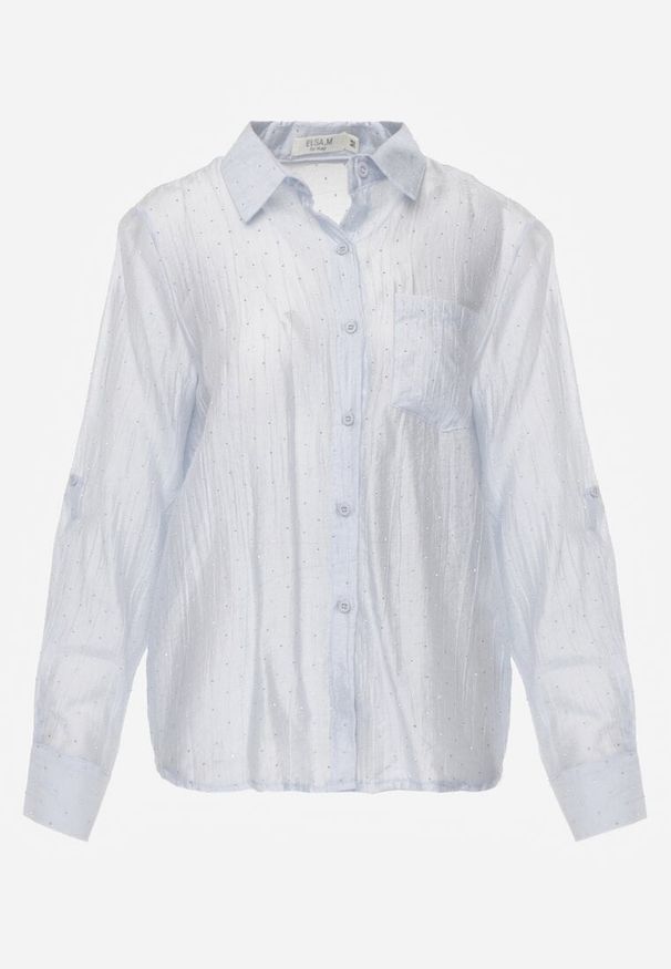 Born2be - Niebieska Transparentna Koszula Ozdobiona Cyrkoniami Clymadia. Okazja: na co dzień. Kolor: niebieski. Materiał: jeans. Wzór: aplikacja. Styl: klasyczny, casual