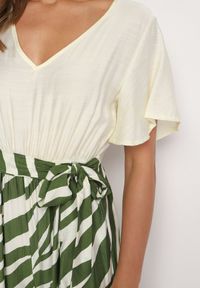 Born2be - Zielono-Beżowy Taliowany Kombinezon z Szerokimi Nogawkami i Paskiem w Talii Nellma. Okazja: na co dzień. Kolor: zielony. Materiał: wiskoza. Długość rękawa: krótki rękaw. Długość: krótkie. Styl: casual, elegancki #6