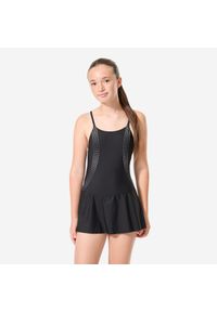 Strój jednoczęściowy pływacki dla dzieci Decathlon Lila Line ze spódniczką. Kolor: czarny. Materiał: poliester, elastan, poliamid, materiał #1