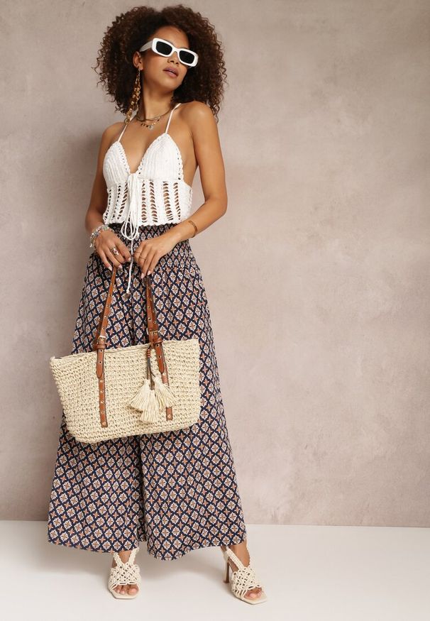 Renee - Granatowo-Beżowe Szerokie Spodnie Kuloty z Gumką w Pasie Zaphelia. Okazja: na co dzień, do pracy. Stan: podwyższony. Kolor: niebieski. Materiał: materiał. Styl: casual, elegancki