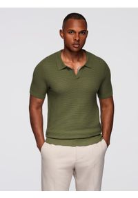 Ombre Clothing - Męska dzianinowa koszulka polo bez zapięcia – oliwkowa V1 - Rozmiar: S. Okazja: na co dzień. Typ kołnierza: polo. Kolor: oliwkowy. Materiał: dzianina. Wzór: gładki, ze splotem. Styl: klasyczny, casual #4