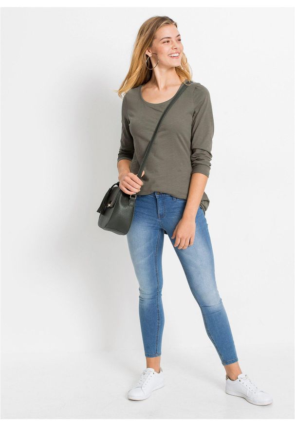 bonprix - Bawełniana bluzka z długim rękawem. Kolor: zielony. Materiał: bawełna. Długość rękawa: długi rękaw. Długość: długie