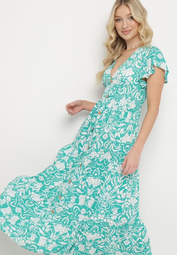 Born2be - Miętowa Rozkloszowana Sukienka Maxi z Luźnym Rękawem w Kwiatowy Print Oxeria. Kolor: miętowy. Wzór: nadruk, kwiaty. Sezon: lato. Typ sukienki: rozkloszowane. Długość: maxi