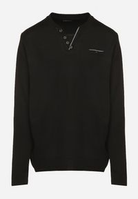 Born2be - Czarny Sweter z Wełną Zdobiony Guzikami przy Dekolcie Acandria. Okazja: na co dzień. Kolekcja: plus size. Kolor: czarny. Materiał: wełna. Wzór: aplikacja. Styl: klasyczny, casual, elegancki