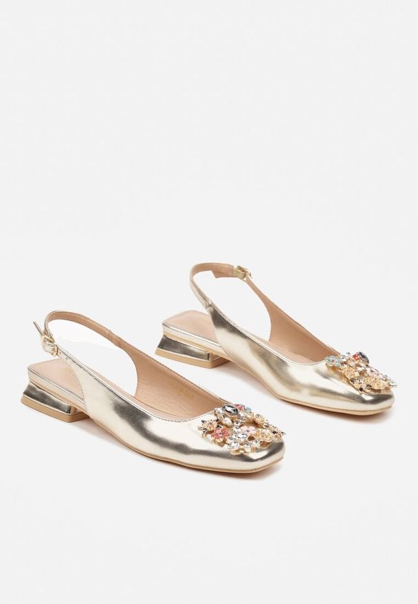 Renee - Złote Czółenka Slingback Vices z Cyrkoniami i Wkładką ze Skóry Eklina. Okazja: na co dzień. Kolor: złoty. Materiał: skóra. Obcas: na obcasie. Styl: klasyczny, elegancki, wizytowy, casual. Wysokość obcasa: średni