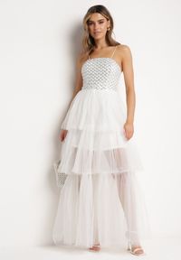 Born2be - Biała Sukienka Maxi z Tiulowymi Falbanami i Ozdobnymi Cekinami Joliette. Kolor: biały. Materiał: tiul. Długość rękawa: na ramiączkach. Wzór: aplikacja. Długość: maxi #3