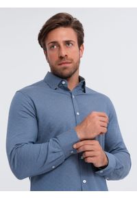 Ombre Clothing - Koszula męska SLIM FIT z ozdobnej tkaniny – niebieska V1 - Rozmiar: S. Okazja: do pracy, na co dzień. Kolor: niebieski. Materiał: tkanina. Wzór: haft, aplikacja, ze splotem. Styl: klasyczny, casual