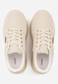 Renee - Beżowe Chunky Sneakersy z Trójkątną Aplikacją VICES na Platformie Cezaline. Kolor: beżowy. Materiał: jeans. Wzór: aplikacja. Obcas: na platformie #3