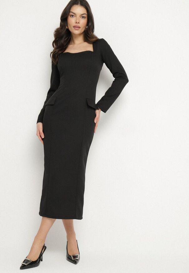 Born2be - Czarna Elegancka Sukienka Ołówkowa z Wiązaniem i Imitacją Kieszeni Tillirisa. Okazja: na imprezę, na co dzień, na spotkanie biznesowe. Kolor: czarny. Długość rękawa: długi rękaw. Typ sukienki: ołówkowe. Styl: elegancki