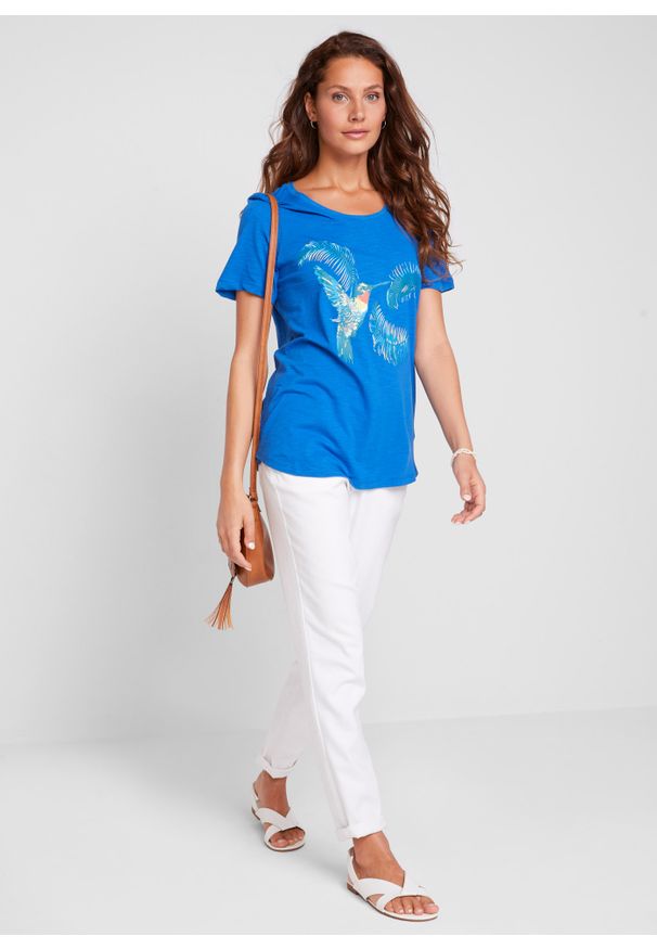 bonprix - Shirt bawełniany z nadrukiem. Kolor: niebieski. Materiał: bawełna. Wzór: nadruk
