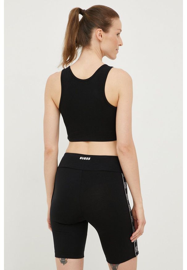 Guess szorty damskie kolor czarny z nadrukiem high waist. Stan: podwyższony. Kolor: czarny. Materiał: włókno, materiał. Wzór: nadruk