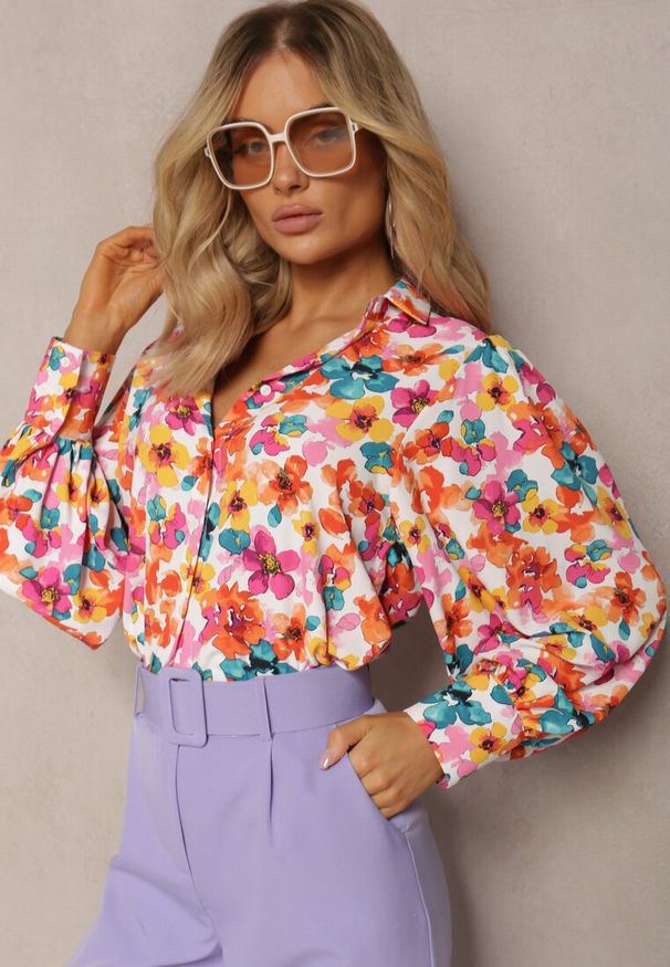 Renee - Biało-Pomarańczowa Kwiecista Koszula z Guzikami Phello. Okazja: na co dzień. Kolor: biały. Długość rękawa: długi rękaw. Długość: długie. Styl: casual