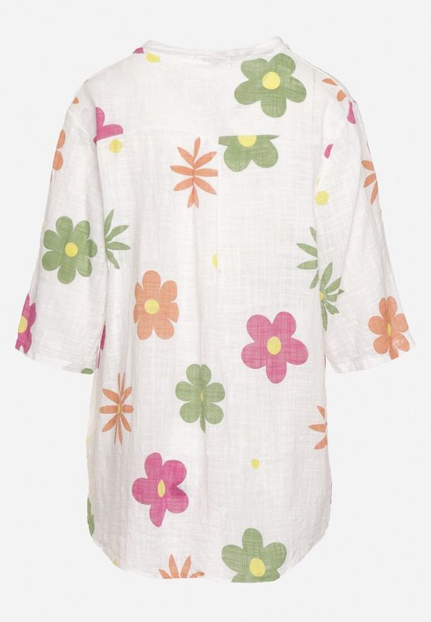 Born2be - Biała Koszula z Lnu i Bawełny w Kwiaty z Krótkim Rękawem Ambubia. Okazja: na co dzień. Typ kołnierza: dekolt w kształcie V. Kolekcja: plus size. Kolor: biały. Długość: krótkie. Wzór: kwiaty. Materiał: bawełna, len. Długość rękawa: krótki rękaw. Sezon: lato. Styl: casual