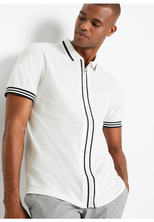 bonprix - Koszulka polo z zamkiem z bawełnianej piki. Typ kołnierza: polo. Kolor: biały. Materiał: bawełna. Styl: elegancki