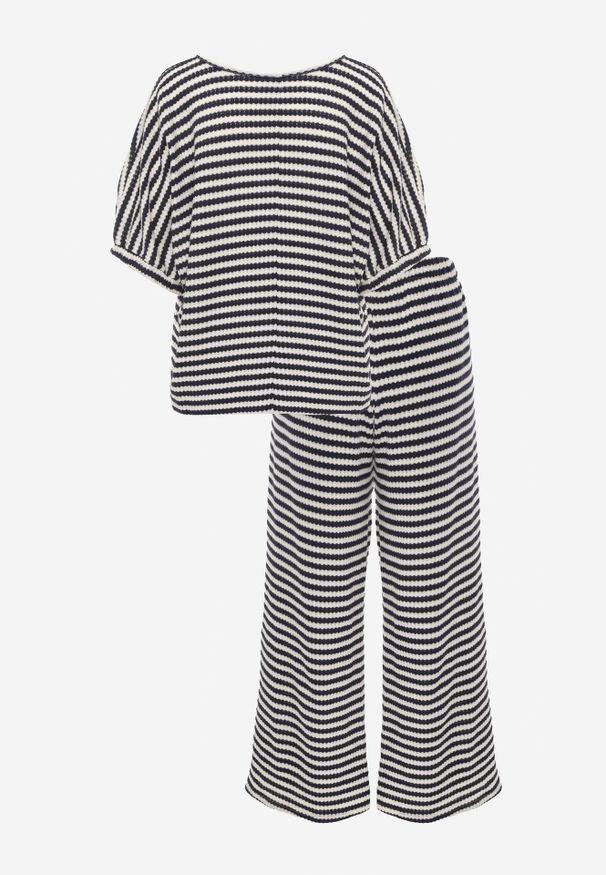 Renee - Beżowo-Granatowy Komplet Oversize Stylizowany na Dziergany T-shirt i Luźne Spodnie w Paski Relorin. Kolor: beżowy. Materiał: dziergany. Wzór: paski