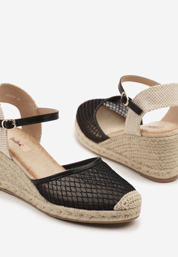 Born2be - Czarne Sandały Espadryle na Koturnie z Plecionki z Siateczką Meranisea. Okazja: na co dzień. Kolor: czarny. Materiał: jeans. Sezon: lato. Obcas: na koturnie. Styl: klasyczny, casual