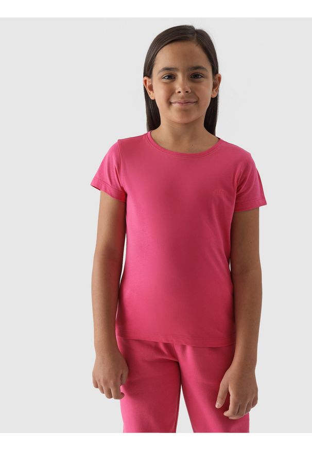 4f - 4F T-shirt gładki dziewczęcy - różowy 158 (12-13 lat). Okazja: na co dzień. Kolor: różowy. Materiał: bawełna, dzianina, jersey. Długość rękawa: krótki rękaw. Długość: krótkie. Wzór: gładki. Sezon: lato. Styl: casual, sportowy