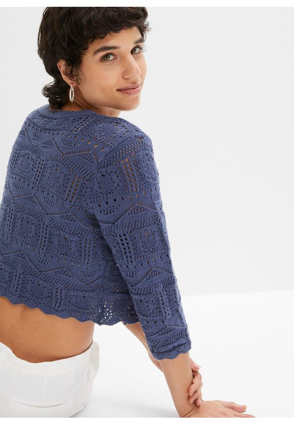 bonprix - Bolerko ażurowe. Kolor: niebieski. Długość rękawa: krótki rękaw. Długość: krótkie. Wzór: ażurowy