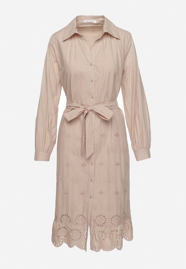 Born2be - Beżowa Koszulowa Sukienka z Bawełny Zapinana na Guziki z Materiałowym Paskiem i Koronką Uzilara. Kolor: beżowy. Materiał: materiał, bawełna, koronka. Długość rękawa: długi rękaw. Wzór: koronka. Typ sukienki: koszulowe. Styl: klasyczny