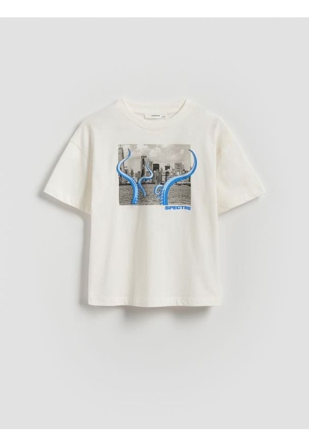 Reserved - Bawełniany t-shirt z nadrukiem - złamana biel. Materiał: bawełna. Wzór: nadruk