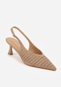 Renee - Ciemnobeżowe Czółenka Slingback VICES na Kaczuszce z Ażurową Cholewką Klephei. Zapięcie: pasek. Kolor: beżowy. Materiał: jeans, skóra, koronka. Szerokość cholewki: normalna. Wzór: ażurowy. Obcas: na szpilce #2