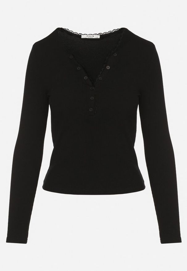 Born2be - Czarna Bluzka z Wiskozą Ozdobiona Koronką i Guzikami Midvira. Okazja: na co dzień. Kolor: czarny. Materiał: wiskoza, koronka. Długość rękawa: długi rękaw. Długość: długie. Wzór: aplikacja, koronka. Styl: casual
