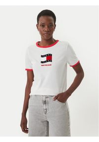 Tommy Jeans T-Shirt Wavy Flag Contrast Ringer DW0DW22306 Biały Regular Fit. Kolor: biały. Materiał: bawełna #1