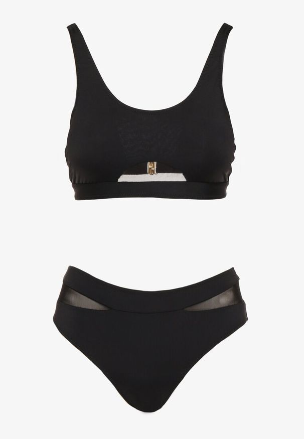 Renee - Czarne Bikini Biustonosz i Majtki Typu Figi Zdobione Siateczką Natelina. Kolor: czarny. Wzór: aplikacja