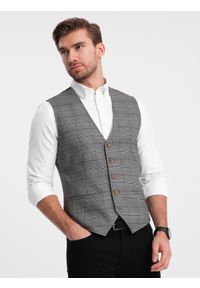 Ombre Clothing - Męska kamizelka SLIM FIT z łączonych materiałów w kratkę – grafitowa V2. Kolor: szary. Materiał: materiał. Wzór: kratka
