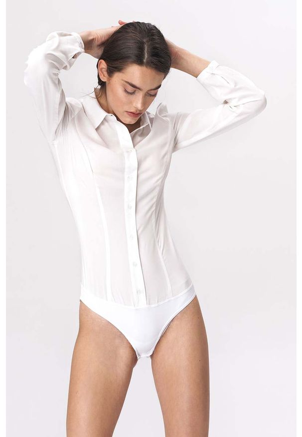 Nife - Ecru Stylowe Koszulowe Body. Materiał: wiskoza. Styl: elegancki