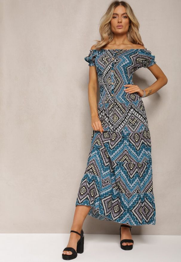 Renee - Ciemnozielona Sukienka Hiszpanka Boho z Bawełny z Gumką w Talii Lovedia. Typ kołnierza: dekolt hiszpanka. Kolor: zielony. Materiał: bawełna. Styl: boho