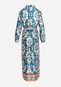 Born2be - Niebieska Sukienka Satynowa o Pudełkowym Fasonie Wiązana w Talii w Ornamentalny Wzór Narosa. Okazja: na co dzień, na imprezę. Kolor: niebieski. Materiał: satyna. Długość rękawa: długi rękaw. Styl: casual, elegancki #6