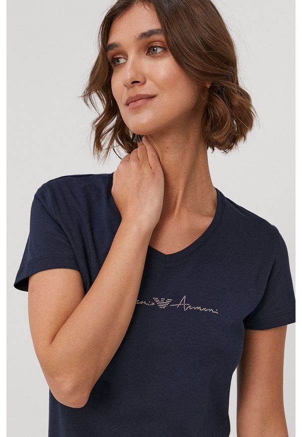 Emporio Armani Underwear - Emporio Armani - T-shirt piżamowy. Kolor: niebieski. Długość: krótkie. Wzór: aplikacja