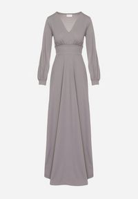 Born2be - Szara Rozkloszowana Sukienka Koktajlowa z Bufiastymi Rękawami i Rozcięciem na Nogę Erqellia. Okazja: na imprezę. Typ kołnierza: dekolt w serek. Kolor: szary. Styl: wizytowy #5