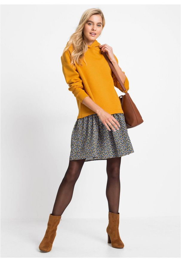 bonprix - Sukienka dresowa w optyce 2 w 1. Typ kołnierza: kaptur. Kolor: żółty. Materiał: dresówka. Długość rękawa: długi rękaw