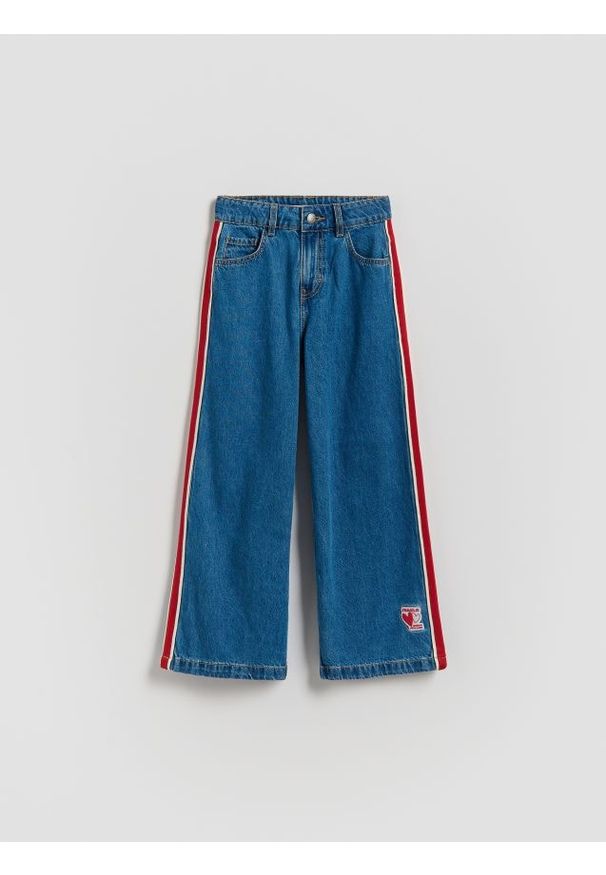 Reserved - Jeansy super wide leg z lampasami - niebieski. Kolor: niebieski