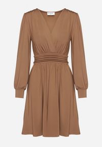 Born2be - Brązowa Rozkloszowana Sukienka z Wiskozą Selithiel. Okazja: na wesele, na ślub cywilny, na imprezę. Typ kołnierza: dekolt w serek. Kolor: brązowy. Materiał: wiskoza. Styl: elegancki #7