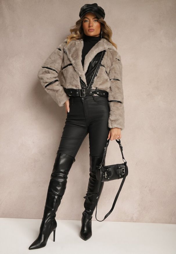 Renee - Szara Kurtka z Pikowanym Futerkiem z Paskiem i Klamrą Norandel. Okazja: na co dzień. Kolor: szary. Materiał: futro. Styl: klasyczny, elegancki, casual