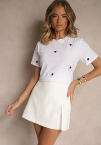 Renee - Biało-Czerwony Bawełniany T-shirt z Motywem Serc Aramiraa. Okazja: na co dzień. Kolor: biały. Materiał: bawełna. Styl: casual