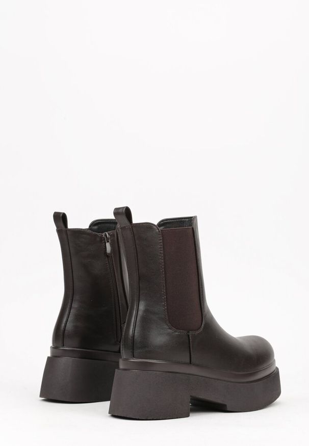 Renee - Brązowe Botki Sztyblety na Platformie Tevirka. Zapięcie: pasek. Kolor: brązowy. Materiał: satyna, jeans. Obcas: na platformie